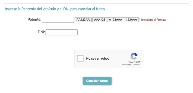 Pantalla para cancelar el turno de la VTV en Florencio Varela con patente y DNI